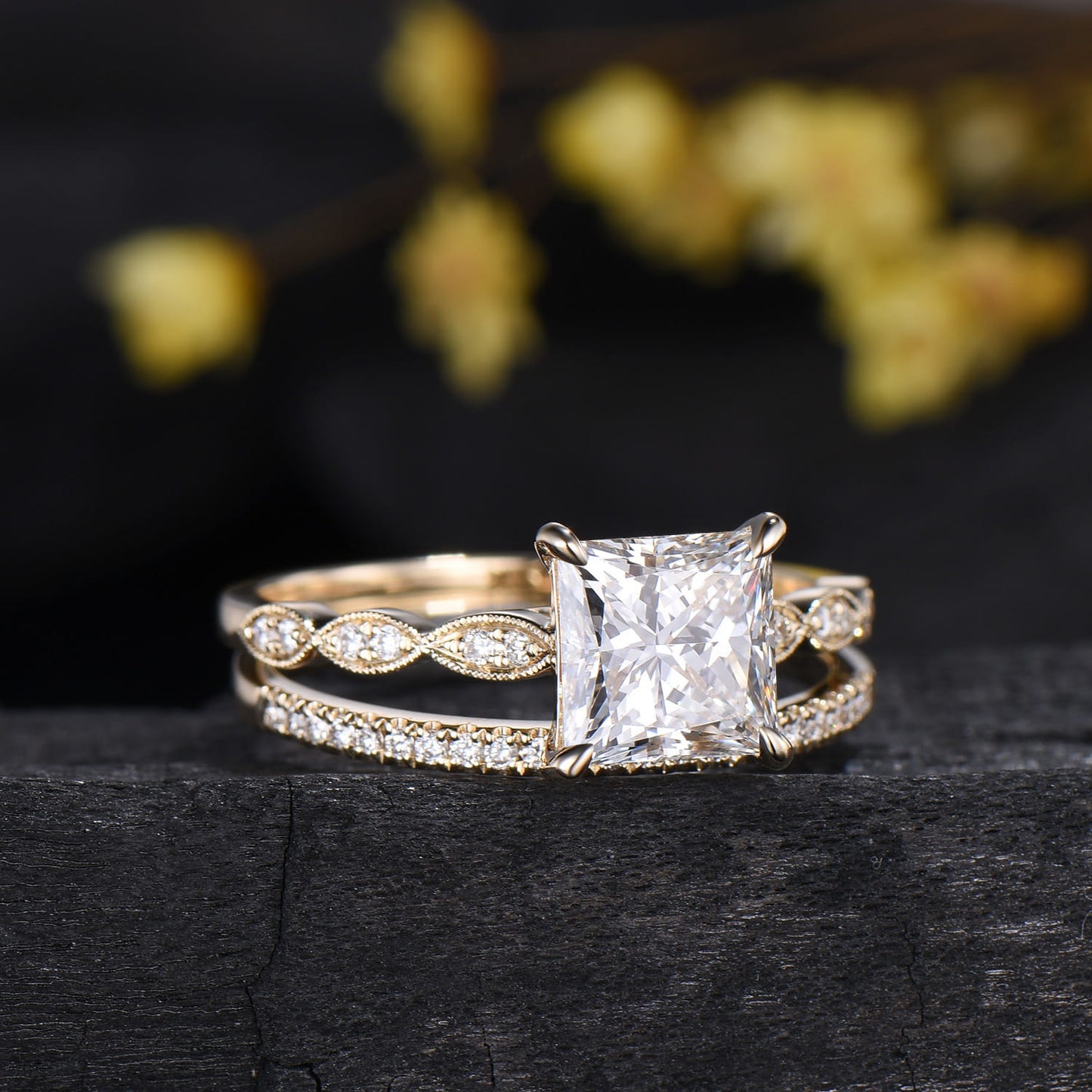 2CT Princess Cut Lab Diamond Engagement Ring Set: 14k Yellow Gold Art Deco Milgrain Marquise Bridal Wedding Set