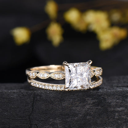 2CT Princess Cut Lab Diamond Engagement Ring Set: 14k Yellow Gold Art Deco Milgrain Marquise Bridal Wedding Set