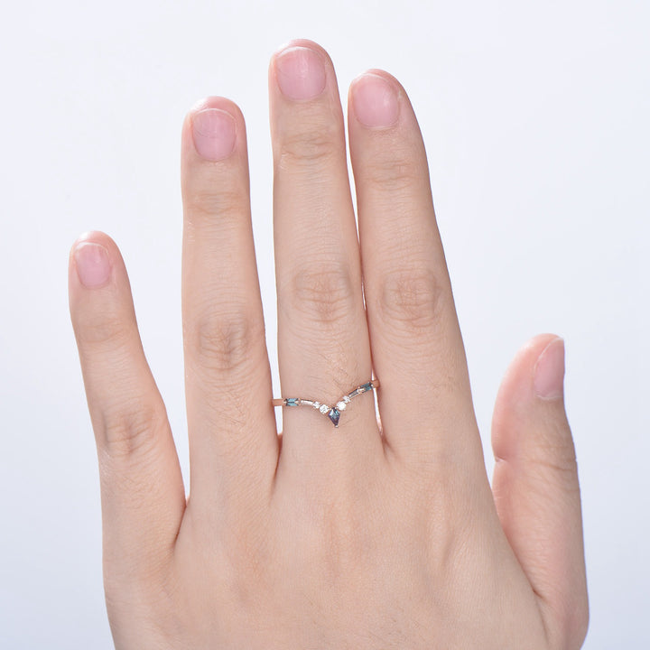 Curved Kite and Baguette Cut Alexandrite Wedding Band, Rose Gold Cluster Moissanite Ring - PENFINE