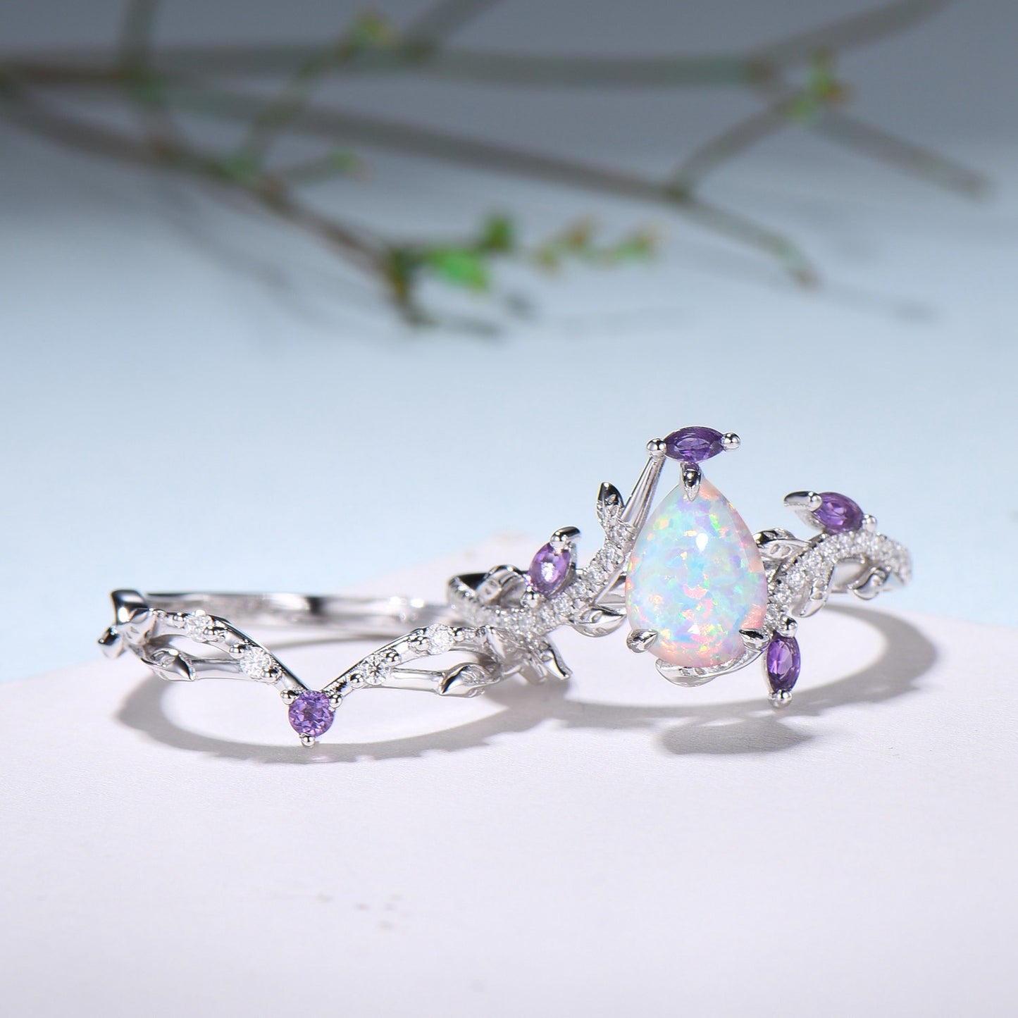 Vintage Pear Shaped White Fire Opal Engagement Ring Set Nature Inspired Snake Marqusie Opal Wedding Set 14K Rose Gold Amethyst Bridal Set - PENFINE