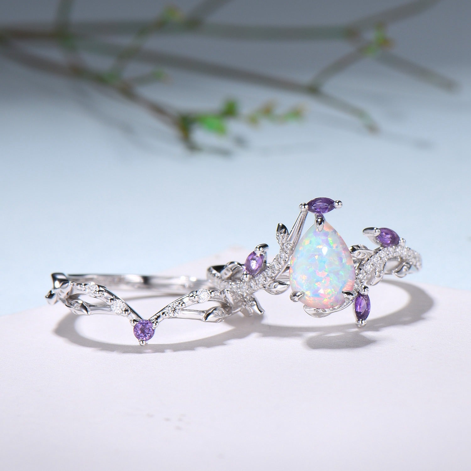 Vintage Pear Shaped White Fire Opal Engagement Ring Set Nature Inspired Snake Marqusie Opal Wedding Set 14K Rose Gold Amethyst Bridal Set - PENFINE