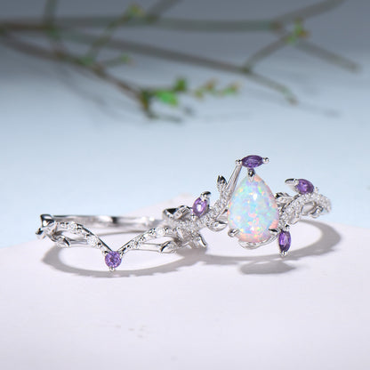 Vintage Pear Shaped White Fire Opal Engagement Ring Set Nature Inspired Snake Marqusie Opal Wedding Set 14K Rose Gold Amethyst Bridal Set - PENFINE
