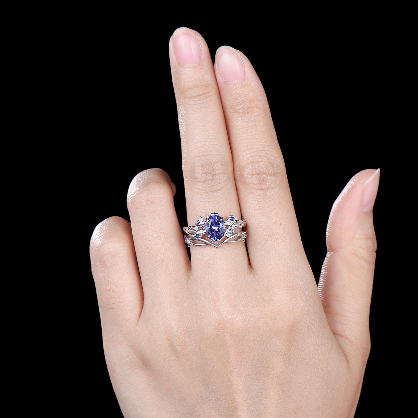 Natural Inspired Tanzanite Ring Set - Leaf Twig Sapphire Wedding Ring