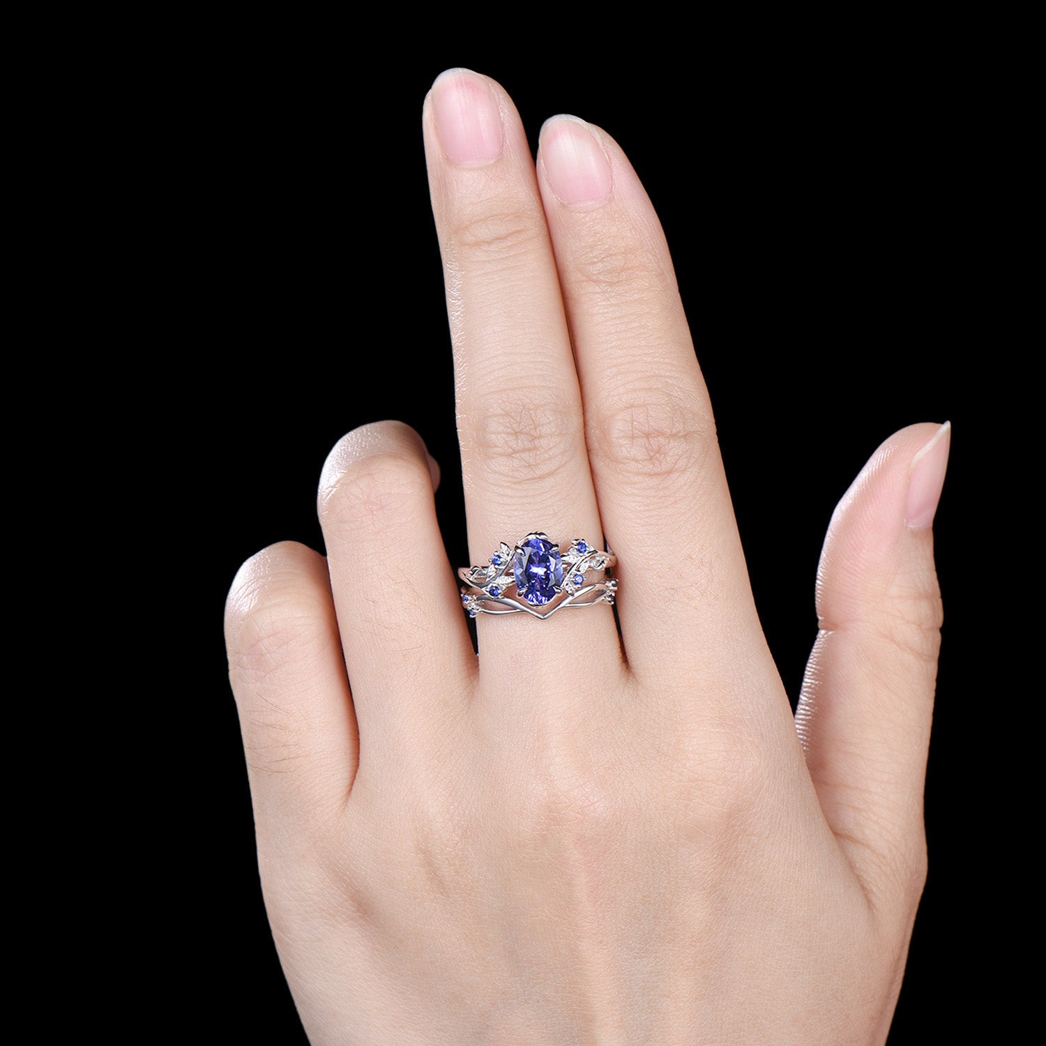 Natural Inspired Tanzanite Ring Set - Leaf Twig Sapphire Wedding Ring