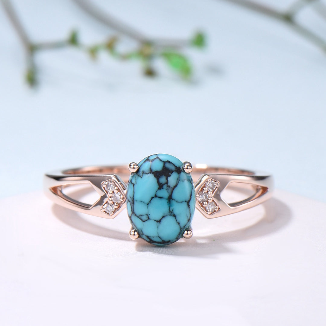 Unique Oval Turquoise engagement ring set 14k white gold vintage split shank engagement ring for women Blue Enamel Wedding Ring Antique Gift - PENFINE