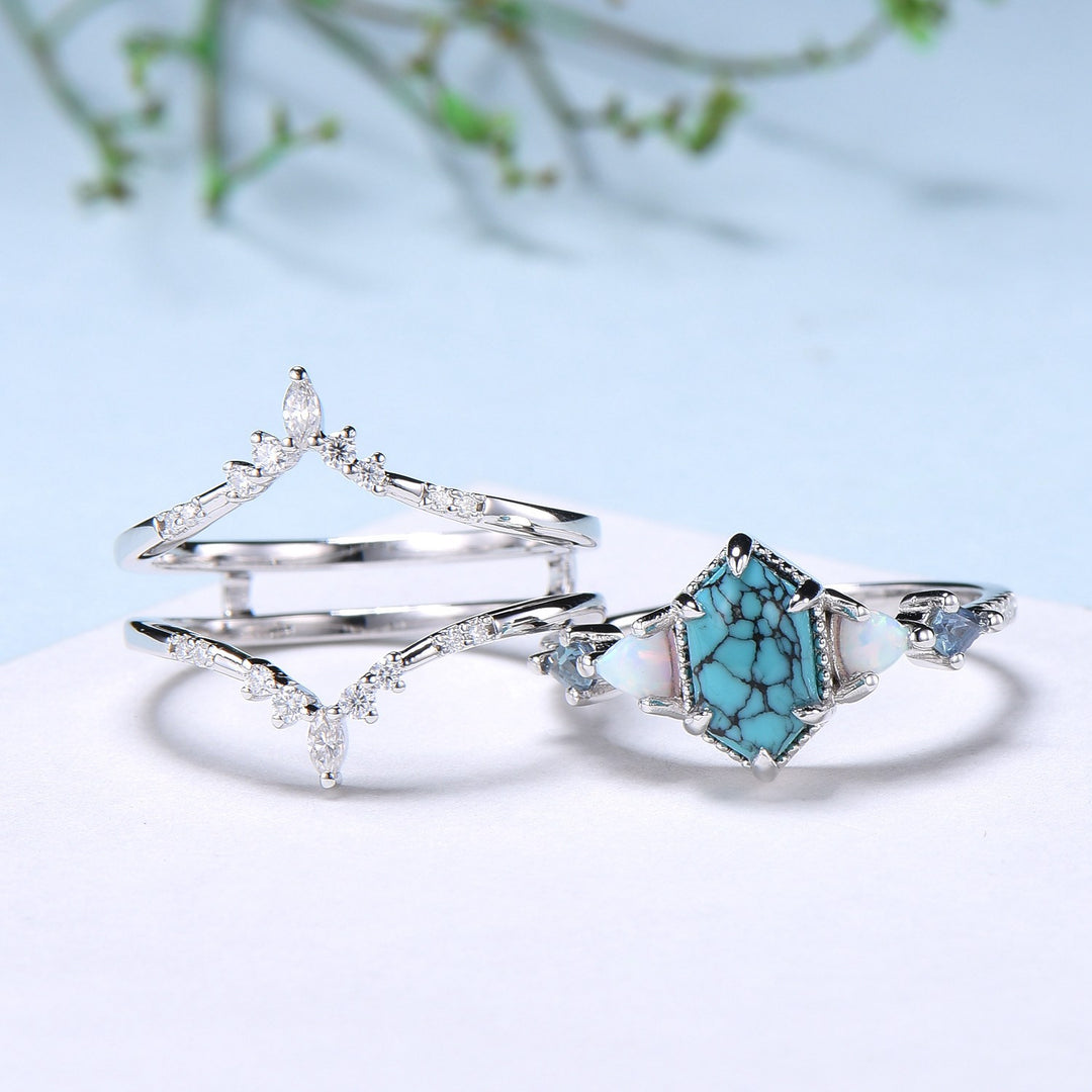 Vintage 5X9mm long hexagon turquoise engagement ring set unique triangle fire opal kite alexandrite wedding ring set double curved v band - PENFINE