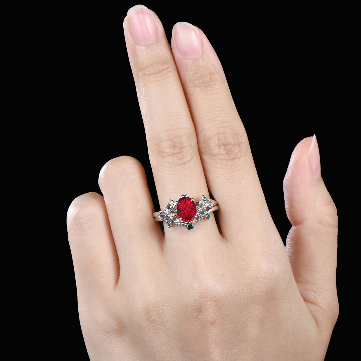 Oval Shaped Fantasy Cut Ruby leaf Engagement Ring Emerald Nature Inspired Ring Bridal Set