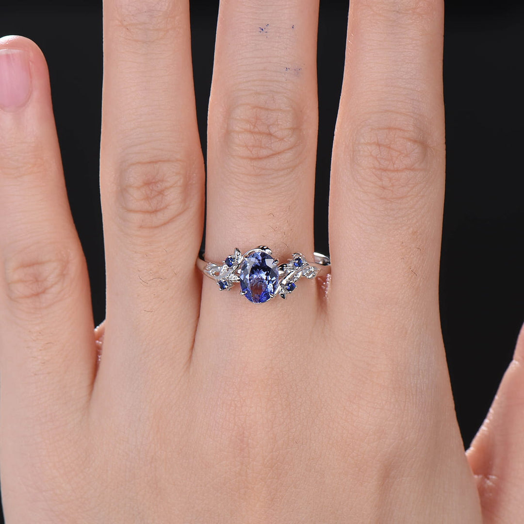 Elegant Blue Tanzanite Ring Vintage Unique Twig Engagement Ring Leaf Cluster Wedding Ring Women Nature inspired Branch Ring Proposal Gift - PENFINE