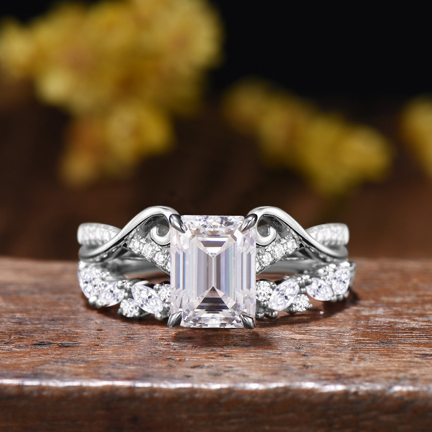 Emerald Cut Moissanite Wedding Ring Set, 14k Rose Gold Art Nouveau Bridal Band