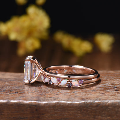 Emerald Cut Moissanite Engagement Ring | 14K Rose Gold Bridal Set, Opal Wedding Band