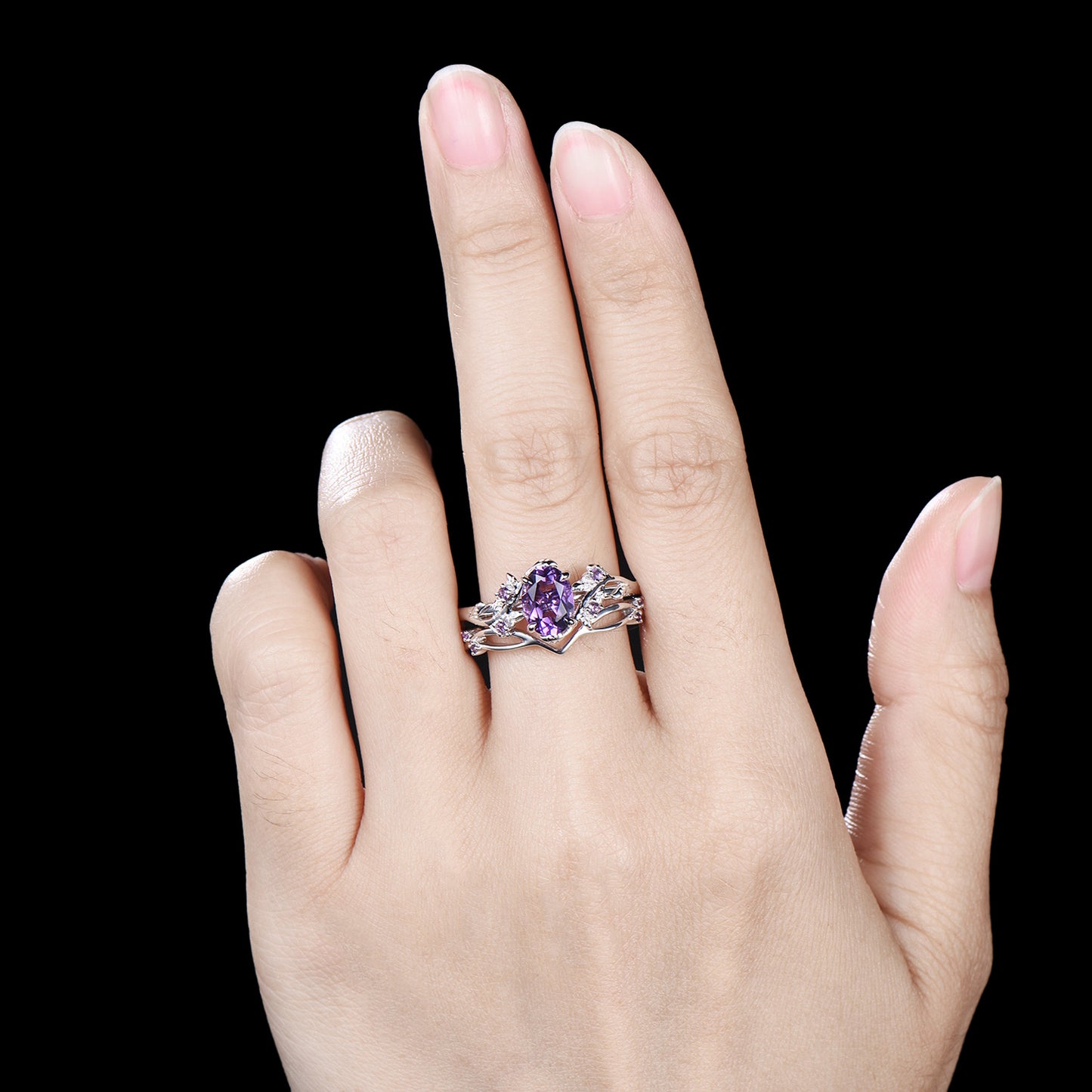 Nature Inspired amethyst ring set cluster rose gold purple amethyst engagement ring vintage unique Leaf crystal wedding ring set for women