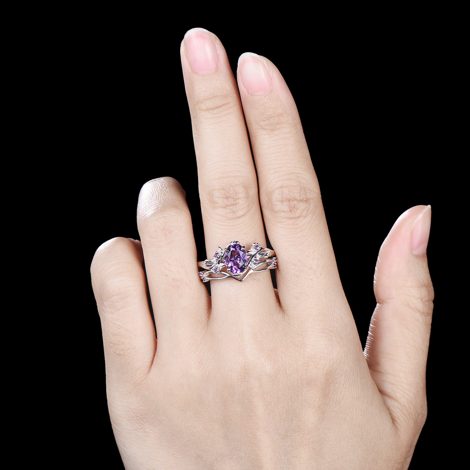 Nature Inspired amethyst ring set cluster rose gold purple amethyst engagement ring vintage unique Leaf crystal wedding ring set for women