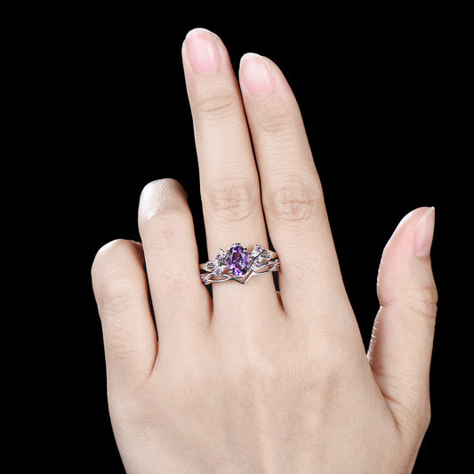 Nature Inspired amethyst ring set cluster rose gold purple amethyst engagement ring vintage unique Leaf crystal wedding ring set for women