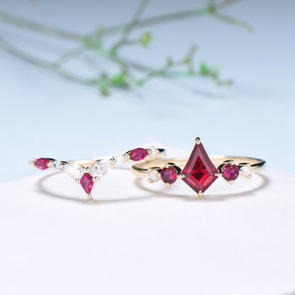 Vintage Kite Ruby Engagement Ring Set 1ct Ruby Bridal Wedding ring Set Art Deco Anniversary Gift Unique July Birthstone Bride Ring For Women - PENFINE