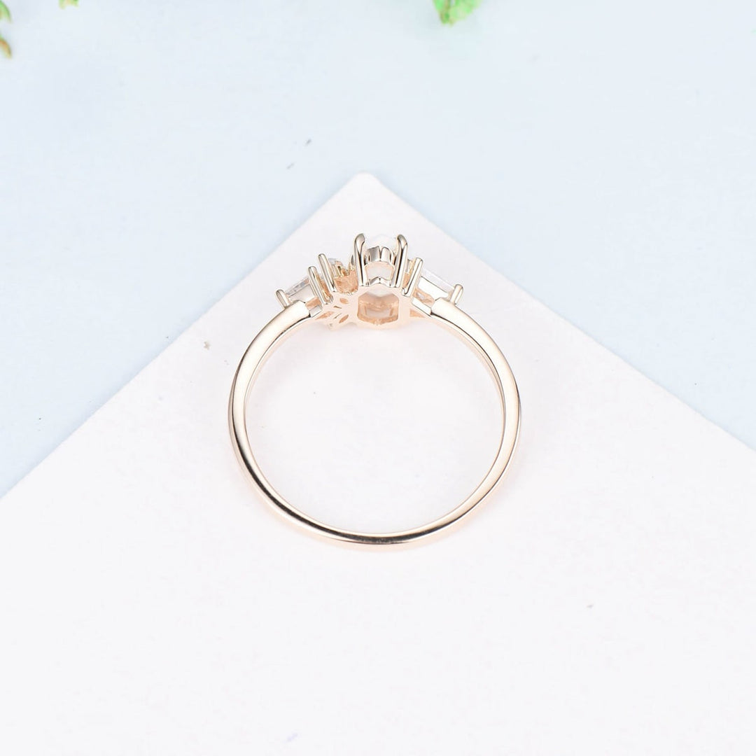 Unique File opal engagement ring long hexagon asymmetrical rose gold white opal wedding ring five moissanite handmade proposal gifts women - PENFINE