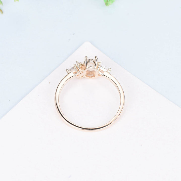 Unique File opal engagement ring long hexagon asymmetrical rose gold white opal wedding ring five moissanite handmade proposal gifts women - PENFINE