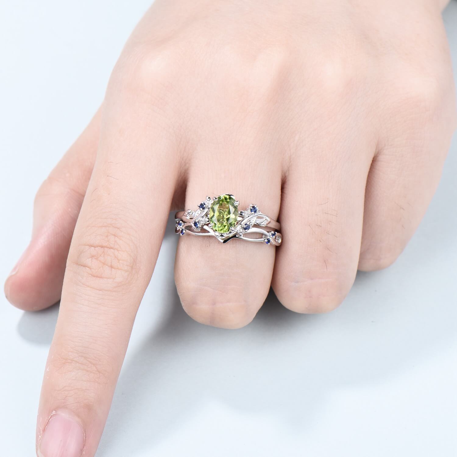 Vintage Coffin Shaped Peridot Engagement Ring Set on sale For Women Art Deco Peridot Leaf Wedding Ring Set Antique Bridal Ring Set Anniversary Gift