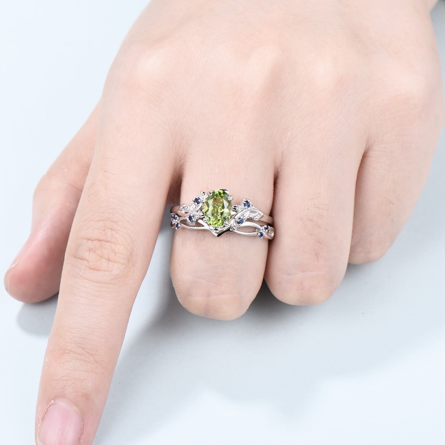 Vintage peridot sapphire wedding ring set Leaf twig engagement ring set Natural Inspired rose gold bridal set for women Branch promise ring - PENFINE