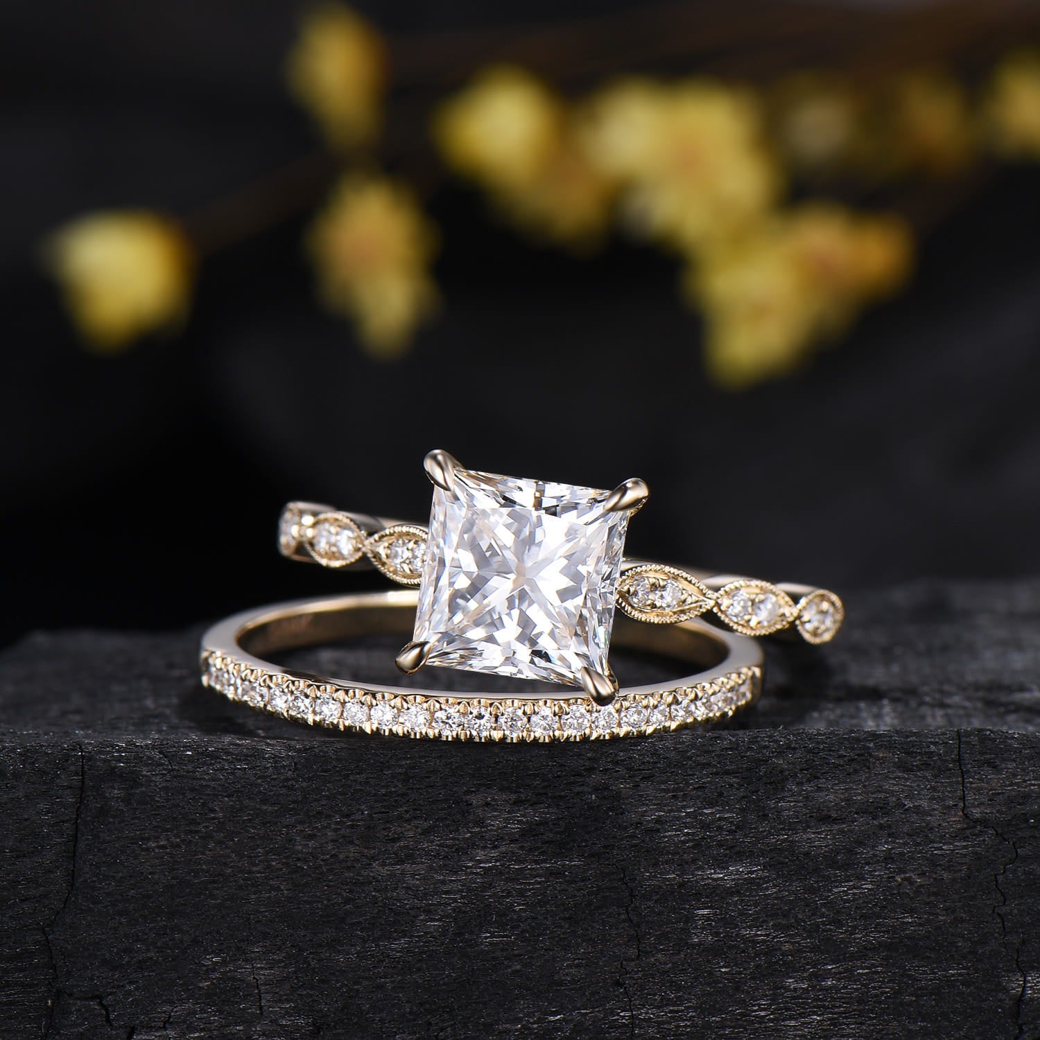 2CT Princess Cut Lab Diamond Engagement Ring Set: 14k Yellow Gold Art Deco Milgrain Marquise Bridal Wedding Set