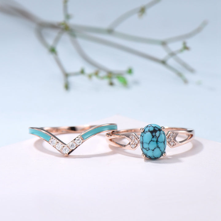 Unique Oval Turquoise engagement ring set 14k white gold vintage split shank engagement ring for women Blue Enamel Wedding Ring Antique Gift - PENFINE