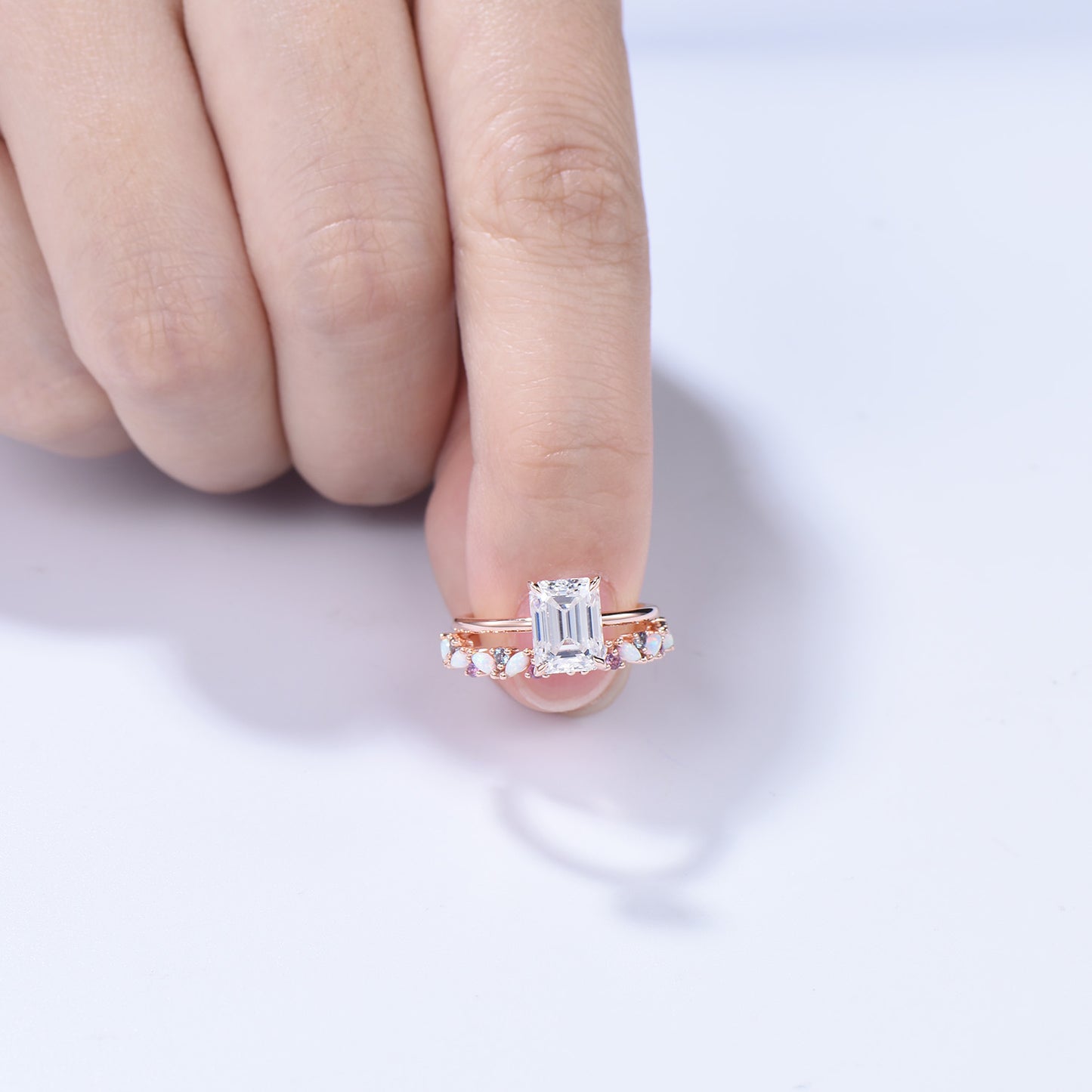 Emerald Cut Moissanite Engagement Ring | 14K Rose Gold Bridal Set, Opal Wedding Band