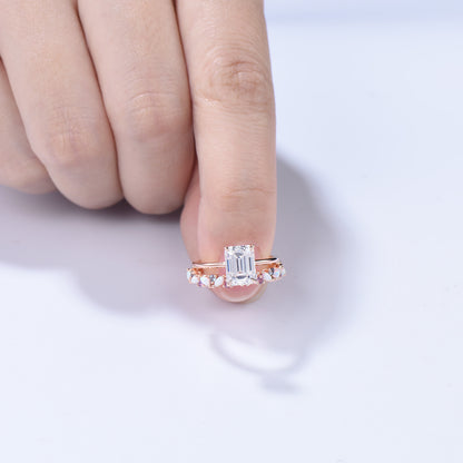 Emerald Cut Moissanite Engagement Ring | 14K Rose Gold Bridal Set, Opal Wedding Band