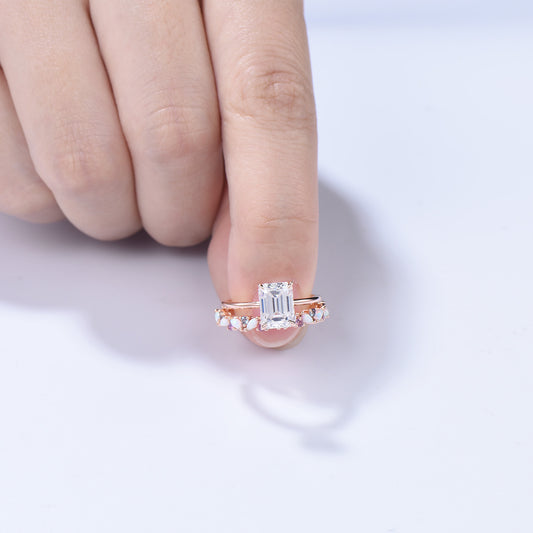 Emerald Cut Moissanite Engagement Ring | 14K Rose Gold Bridal Set, Opal Wedding Band