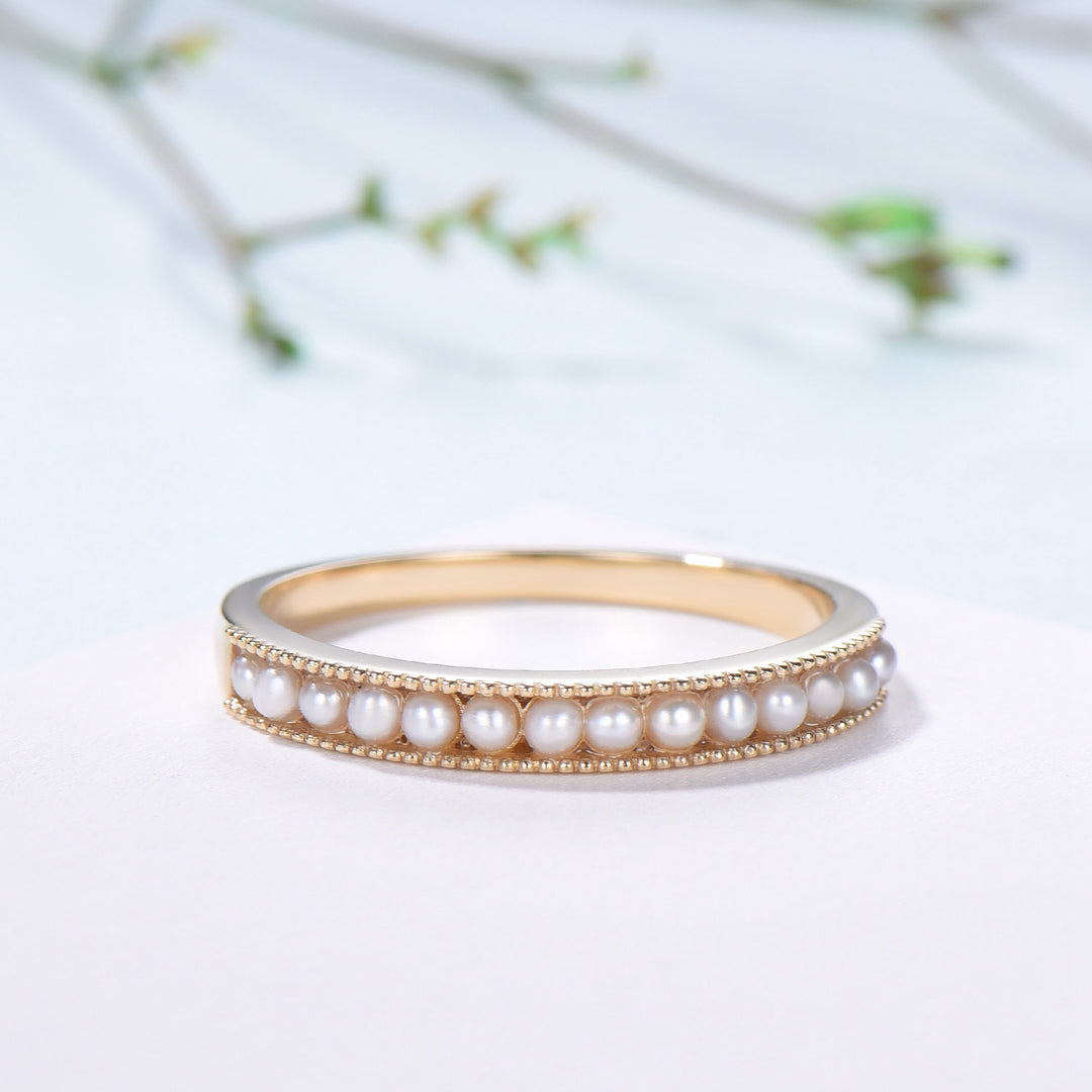 Freshwater Pearl Wedding Ring - 14k Gold Milgrain Anniversary Band - PENFINE