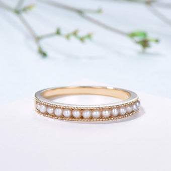 Freshwater Pearl Wedding Ring - 14k Gold Milgrain Anniversary Band - PENFINE