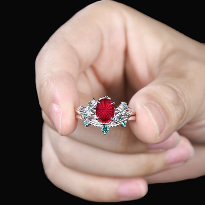 Oval Shaped Fantasy Cut Ruby leaf Engagement Ring Emerald Nature Inspired Ring Bridal Set