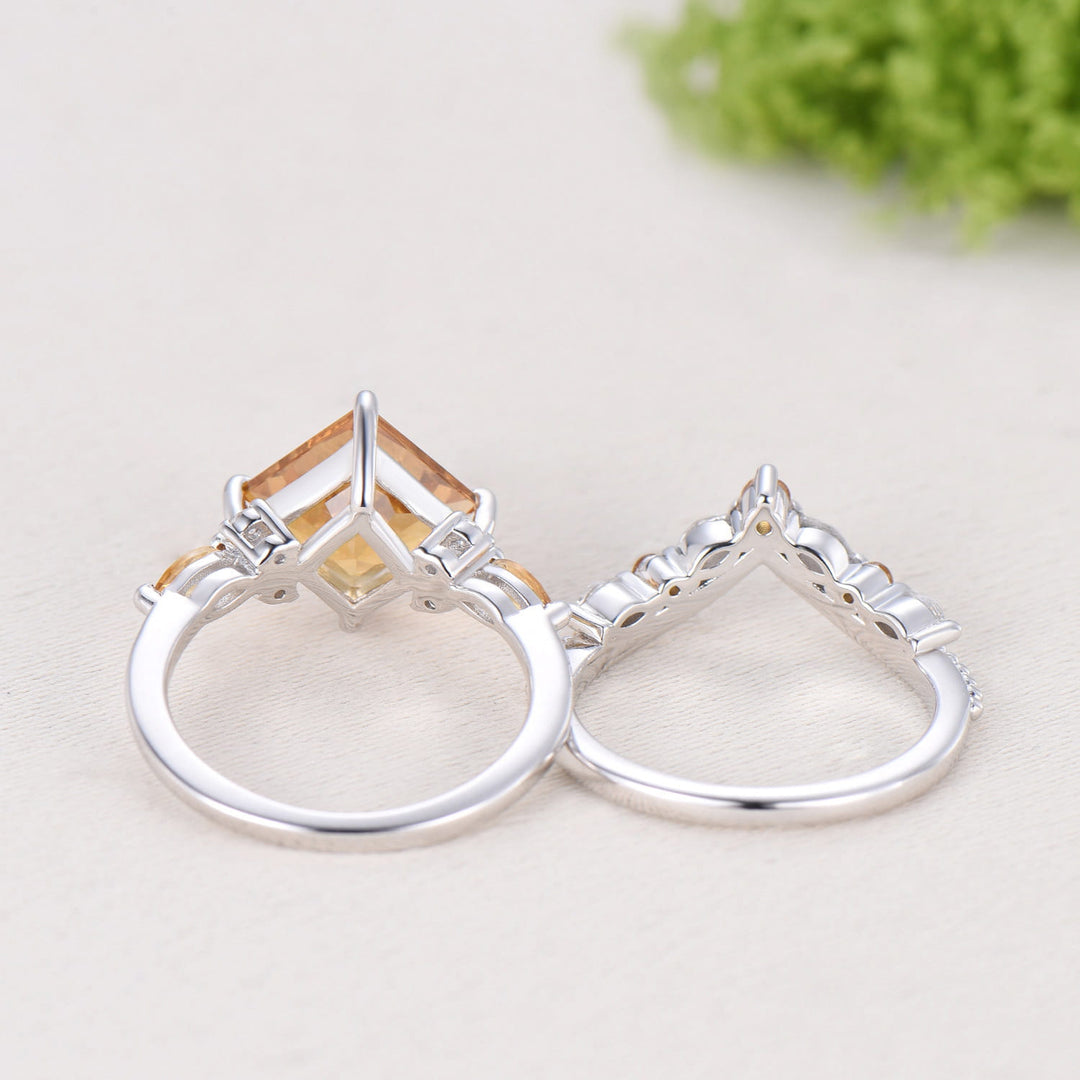 2CT Princess Cut Lab Grown Diamond Engagement Ring Set, Cluster Citrine Bridal Set
