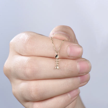Dainty Fishbone Necklace Unique Fish Pendant 9K/14K/18K Yellow Gold Fish Necklace Fish Bone Necklace Vintage Fish Charm Christian Necklace - PENFINE