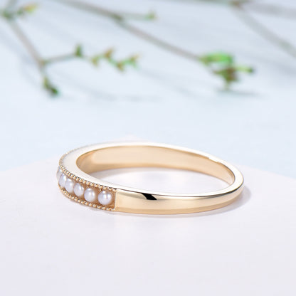 Freshwater Pearl Wedding Ring - 14k Gold Milgrain Anniversary Band - PENFINE