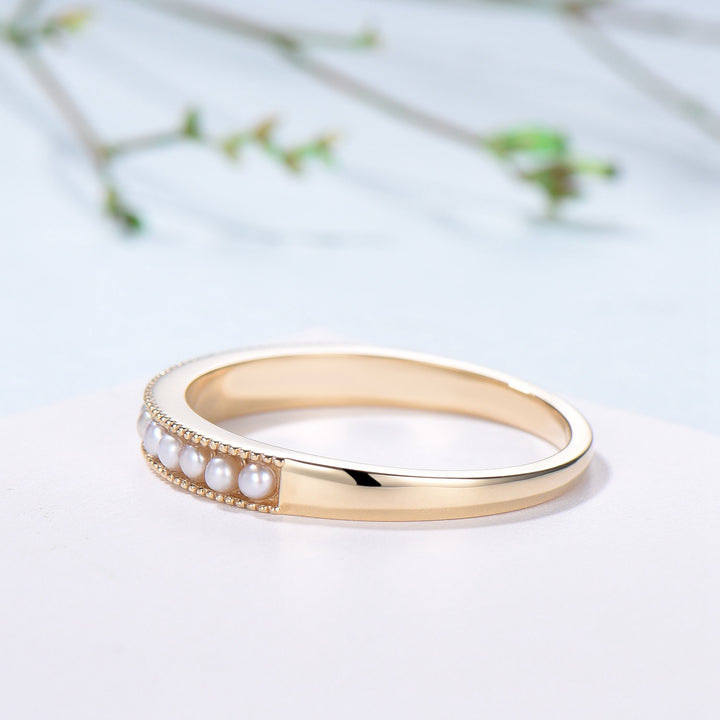 Freshwater Pearl Wedding Ring - 14k Gold Milgrain Anniversary Band - PENFINE