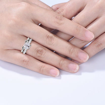 Emerald Cut Moissanite Wedding Ring Set, 14k Rose Gold Art Nouveau Bridal Band
