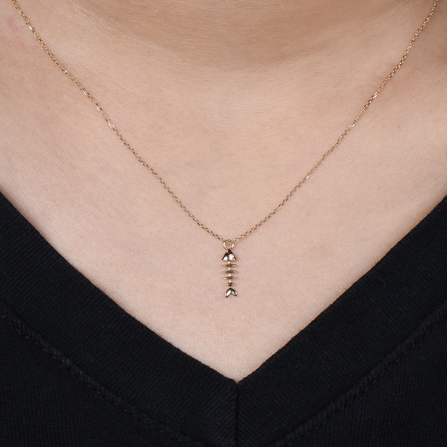 Dainty Fishbone Necklace Unique Fish Pendant 9K/14K/18K Yellow Gold Fish Necklace Fish Bone Necklace Vintage Fish Charm Christian Necklace - PENFINE