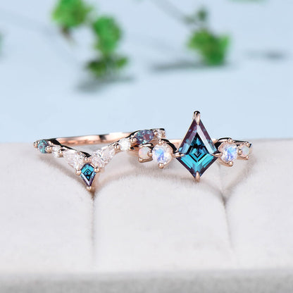 Vintage Alexandrite Engagement Ring Kite Cut Unique Moonstone Opal Wedding Set Crown Art Deco Stacking Ring June Birthstone Bridal Set Gift - PENFINE