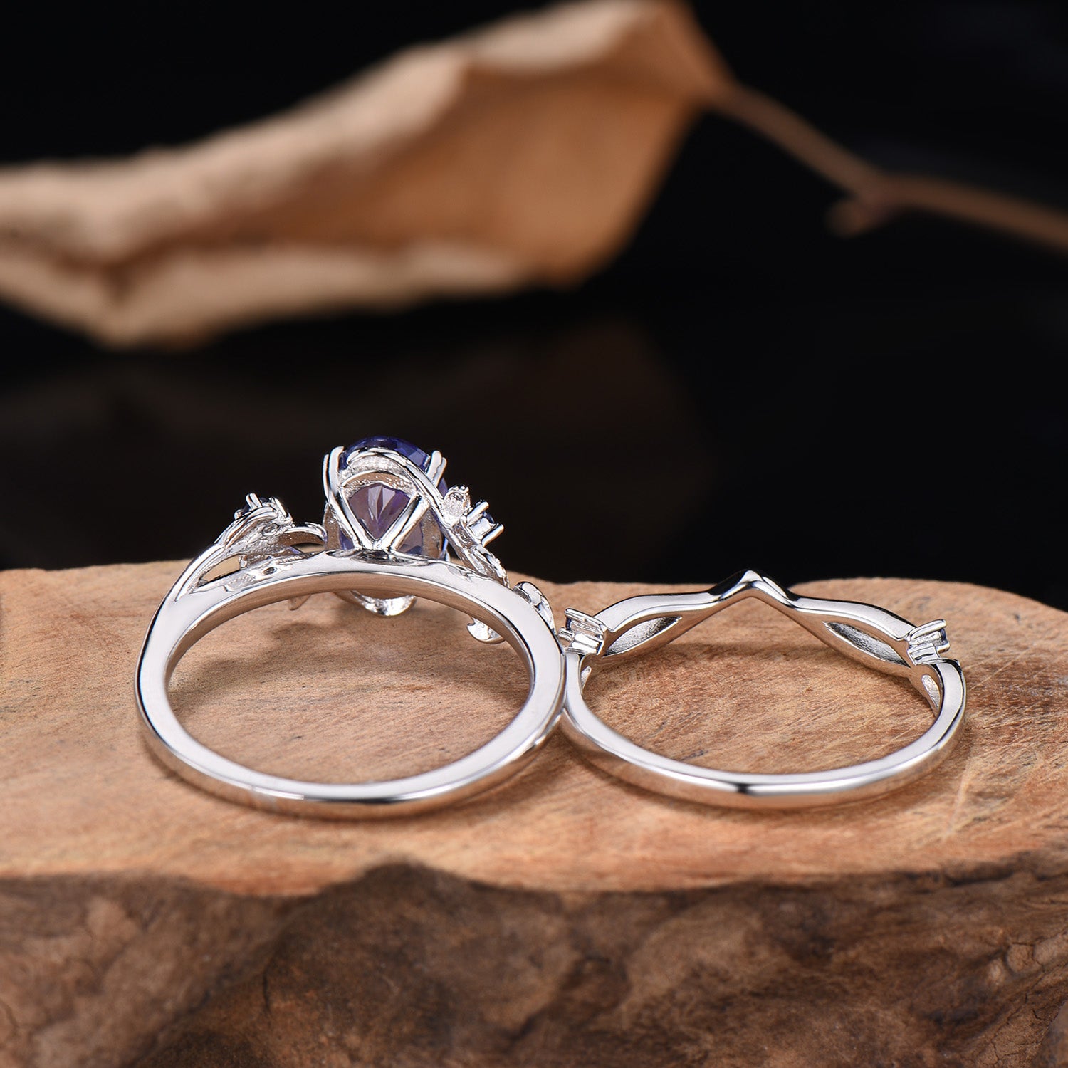 Natural Inspired Tanzanite Ring Set - Leaf Twig Sapphire Wedding Ring