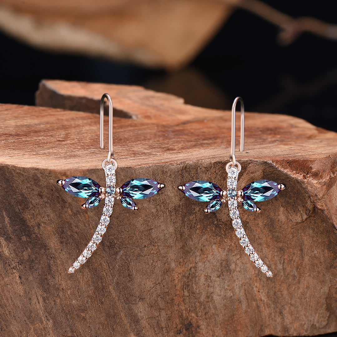 Elegant dragonfly marqusie cut alexandrite earrings June birthstone fine jewelry - PENFINE