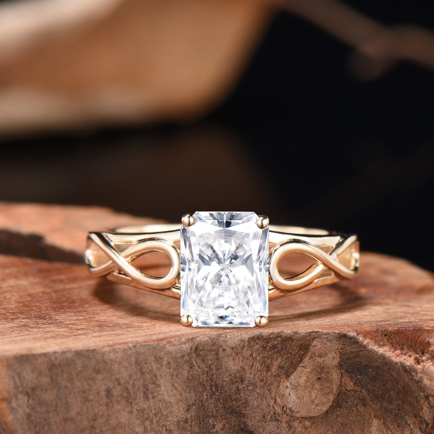 2ct Radiant Cut Cut Moissanite Engagement Ring, Infinite Love 14k Yellow Gold Band