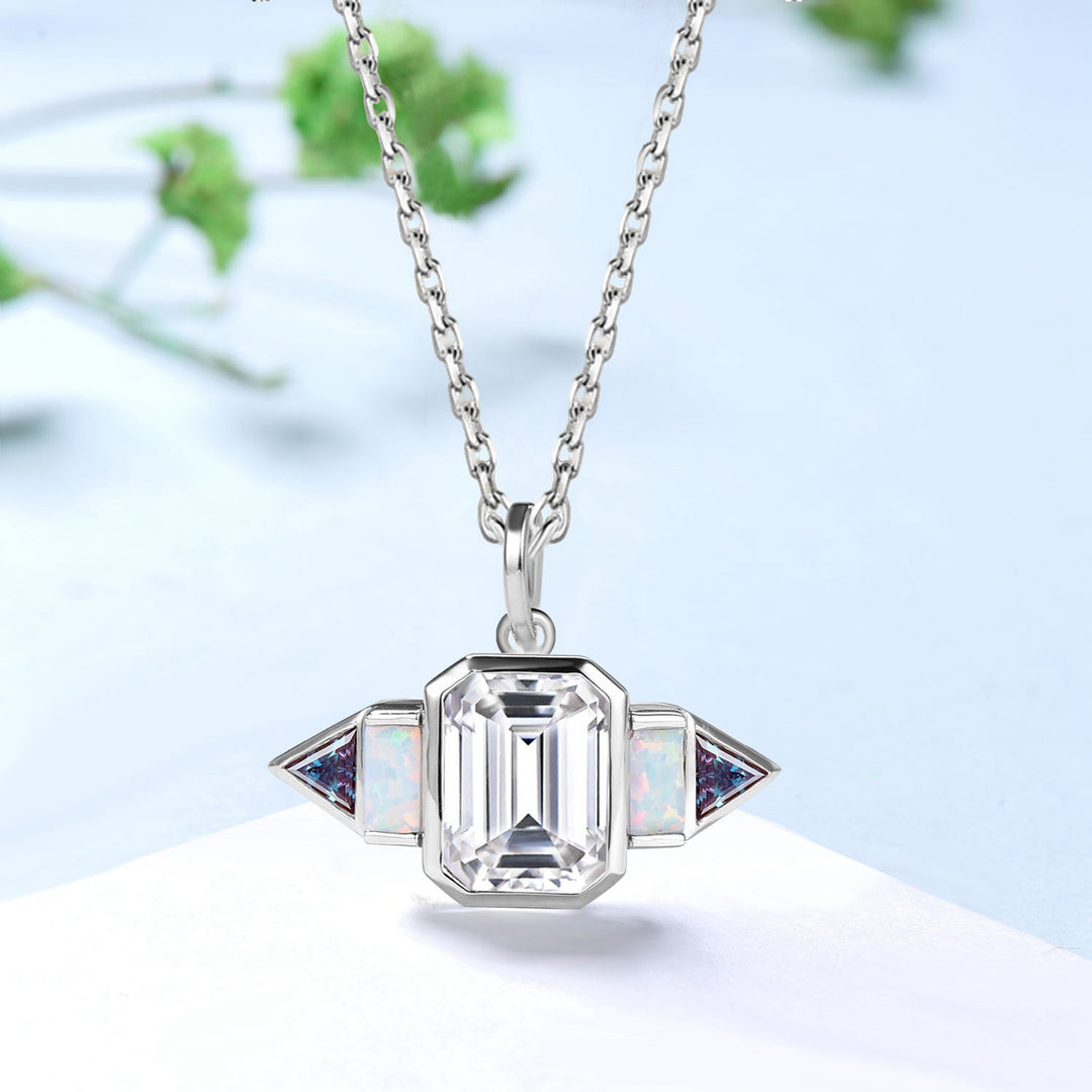 Art Deco Emerald Cut Moissanite & Opal Necklace | East-West Pendant - PENFINE