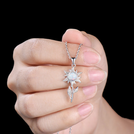Dainty White Fire Opal Sunflower Pendant Necklace, Nature Inspired Charm