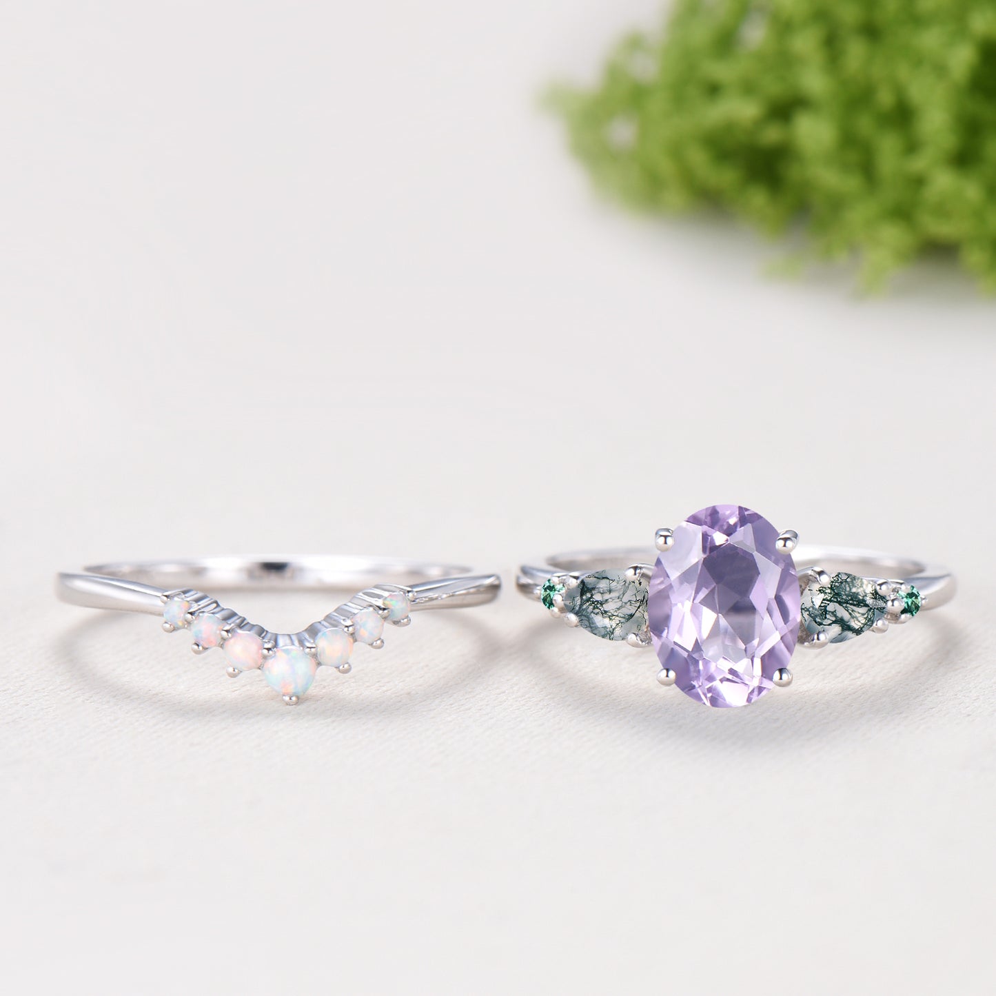 1.5 Carat Oval Natural Lavender Amethyst Engagement Ring Set, Pear Moss Agate & Emerald Wedding Band, Fire Opal Stacking Band