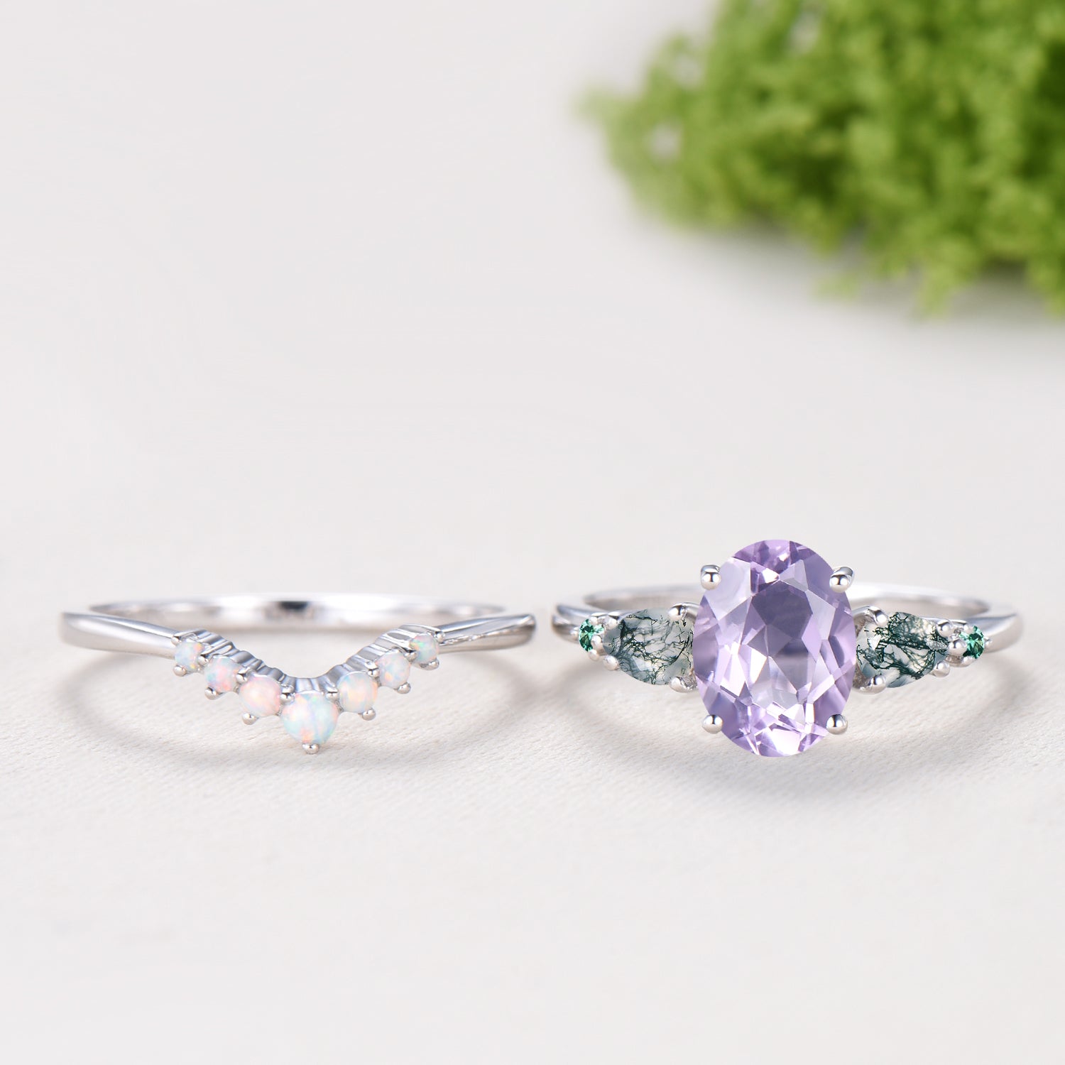 1.5 Carat Oval Natural Lavender Amethyst Engagement Ring Set, Pear Moss Agate & Emerald Wedding Band, Fire Opal Stacking Band