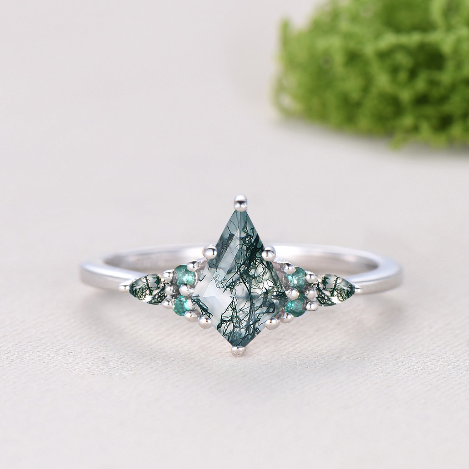 Kite Cut Moss Agate Engagement Ring Set, 14K White Gold Emerald Wedding Set