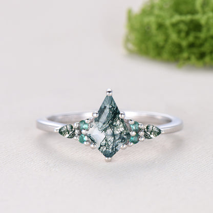 Kite Cut Moss Agate Engagement Ring Set, 14K White Gold Emerald Wedding Set