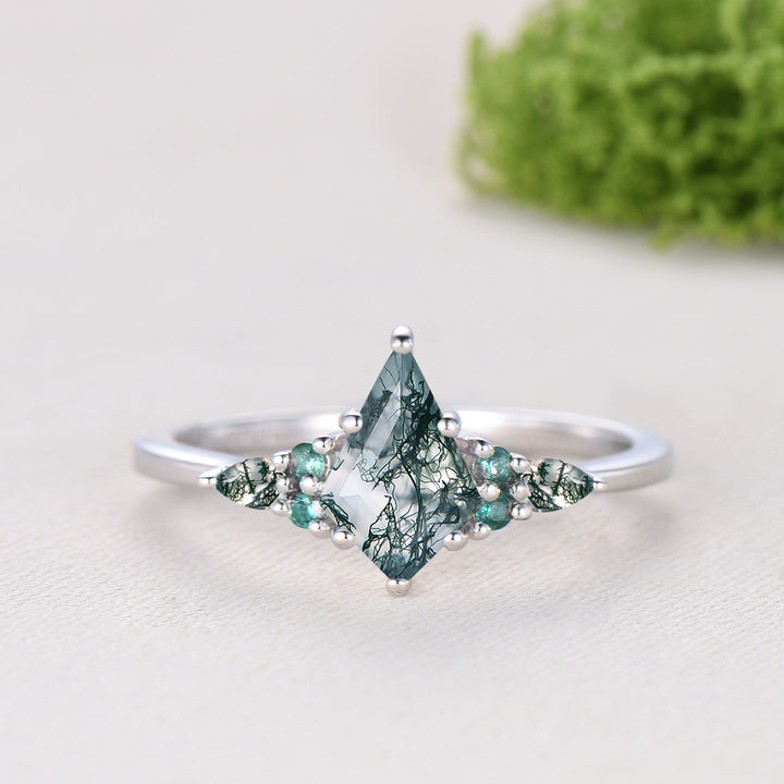 Kite Cut Moss Agate Engagement Ring Set, 14K White Gold Emerald Wedding Set