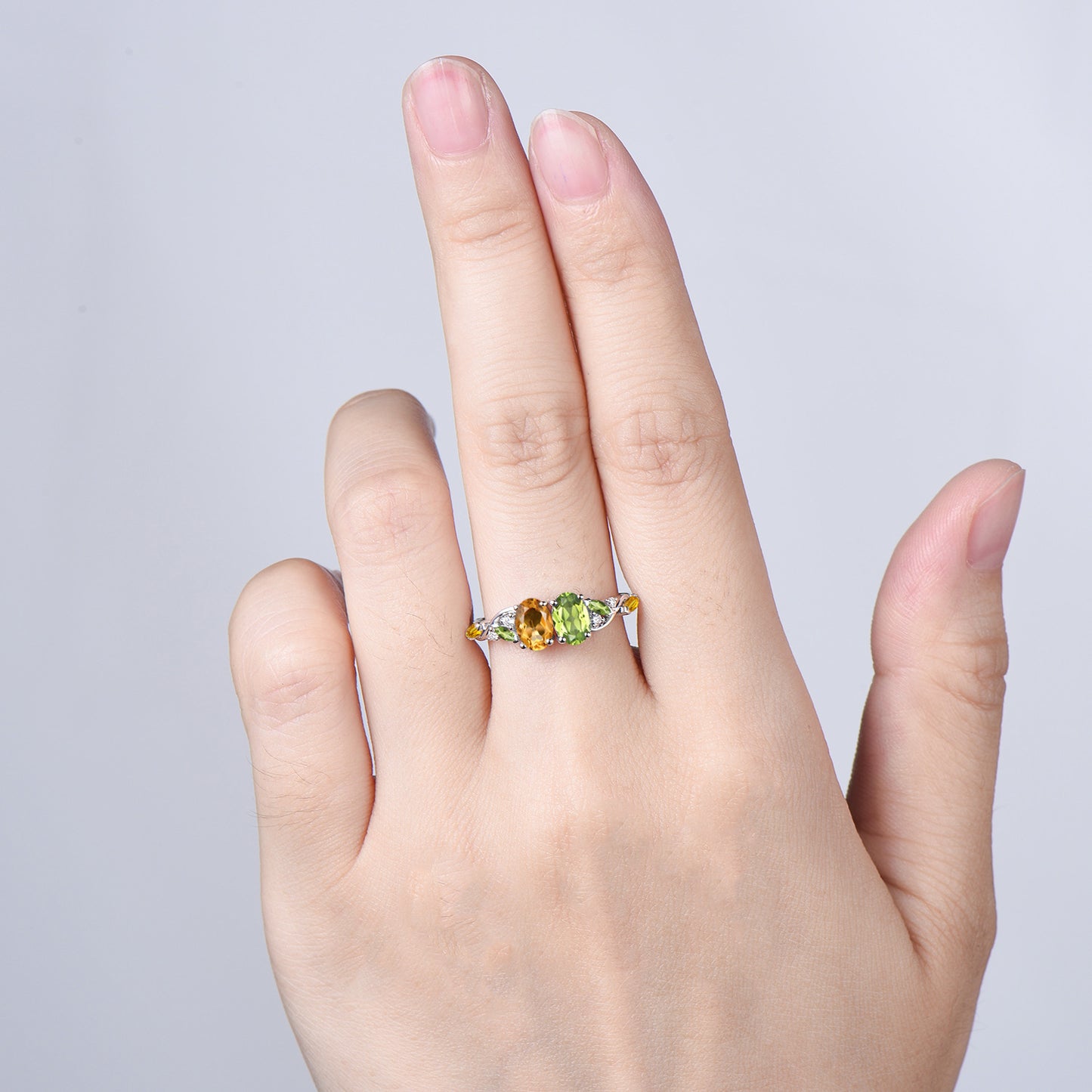 Vintage Peridot Citrine Engagement Ring | 14K White Gold Two Stone Oval Cut Promise Ring - PENFINE