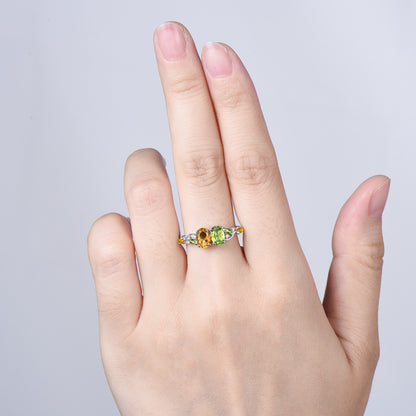 Vintage Peridot Citrine Engagement Ring | 14K White Gold Two Stone Oval Cut Promise Ring - PENFINE