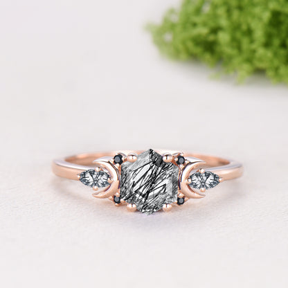 Hexagon Cut Black Rutilated Quartz Moon Celestial Ring Set Spinel Curved Band